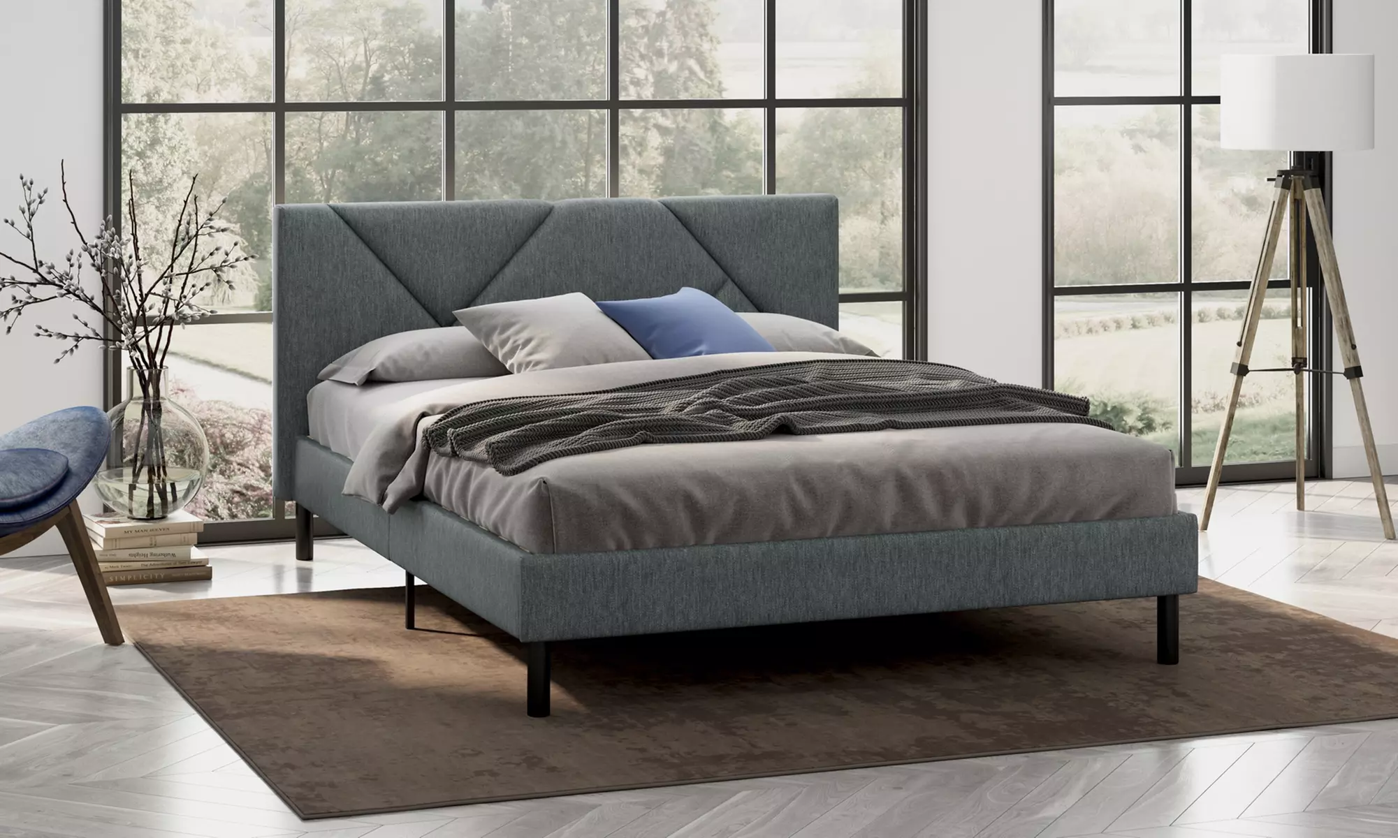 Letto imbottito in tessuto con doghe in legno e vano contenitore