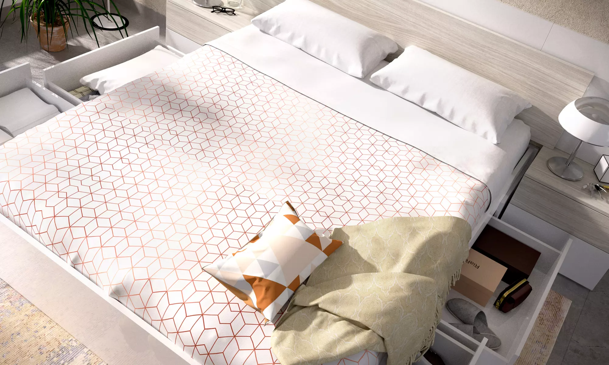 Muebles de dormitorio Gia, con cama, cabecero y dos mesitas, o cómoda de 5 o 6 cajones - Primary Image