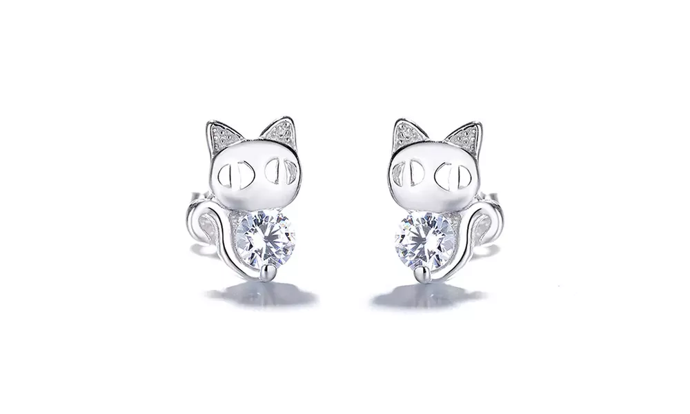 Sterling Silver Crystal Cat Stud Earring