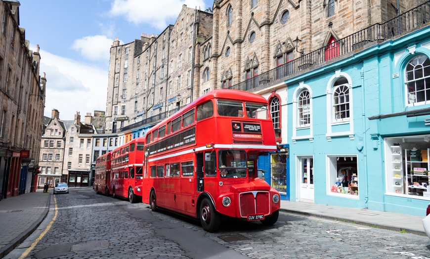 Image 1: Glasgow or Edinburgh Red Bus Bistro Tour w/ Afternoon Tea - 2, 3, or 4