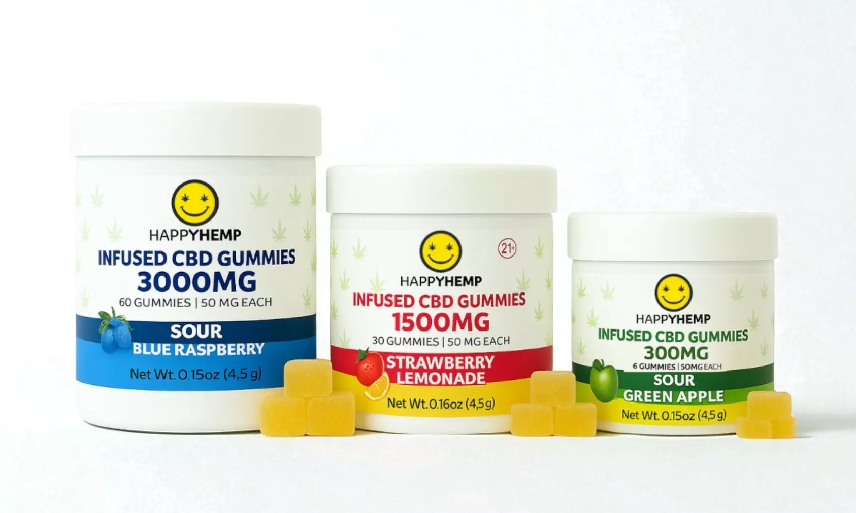 Happy Hemp Sour CBD Gummies - Blue Raspberry, Strawberry Lemonade & Green Apple