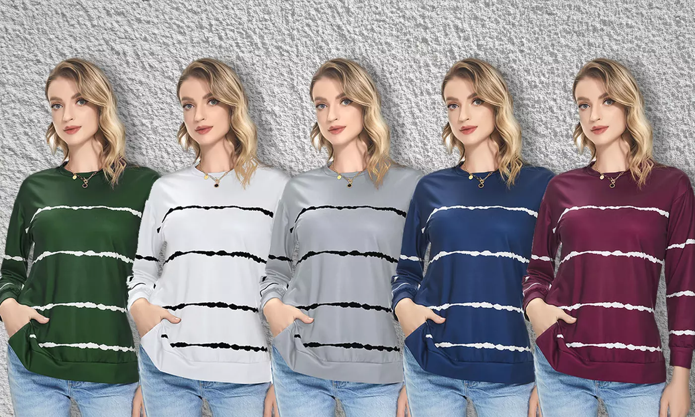Women Long Sleeve Crewneck Casual Side Split Pullover Tops