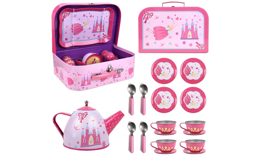 Image 3: 18-Piece Pretend Play Metal Tea Set with Carry Case