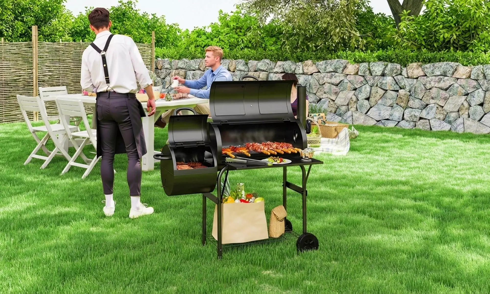 Outsunny 2-in-1 Charcoal BBQ Grill with Offset Smoker