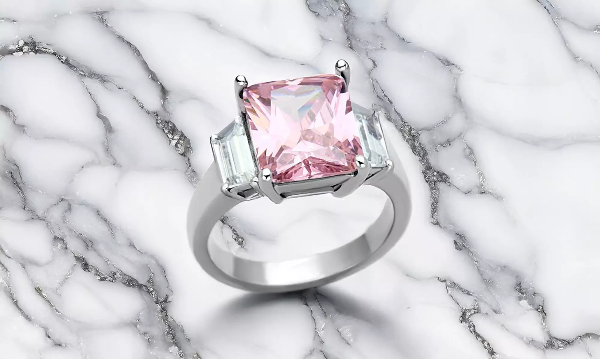 WOMENS 6.64 CT EMERALD CUT ROSE ZIRCONIA STAINLESS STEEL ENGAGEMENT RING