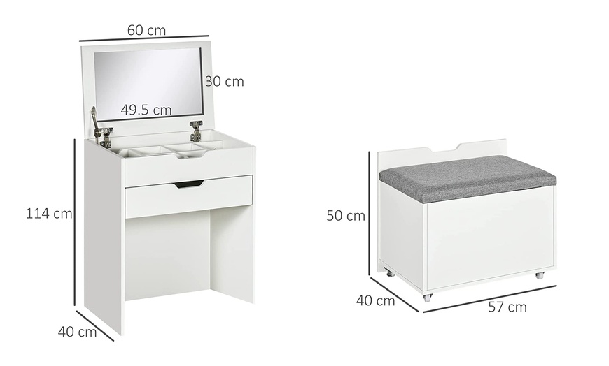 Image 7: HomCom Dressing Table with Flip-up Mirror and Storage Stool