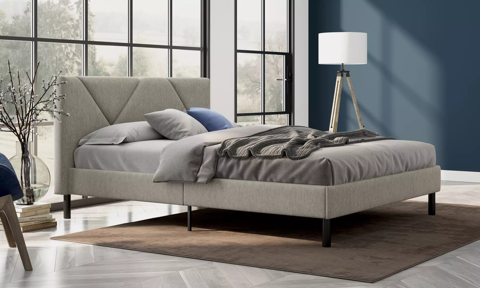 Letto imbottito in tessuto con doghe in legno e vano contenitore