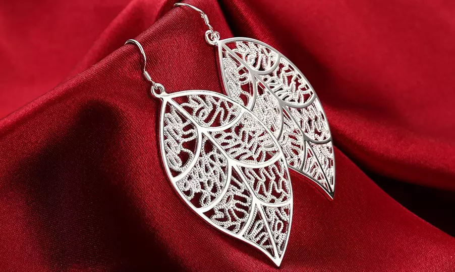  925 Sterling Silver Filigree Leaf Teardrop Dangle Drop Earrings