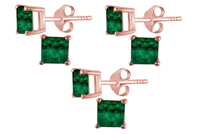 Image 4: 14K Rose Gold Plated 4 Ct Princess Cut Emerald Stud Earrings. 