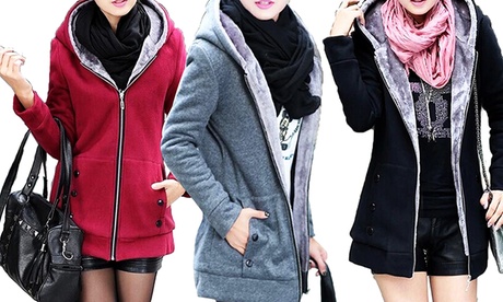 Sweat à capuche fourré avec poches et boutons pour femme