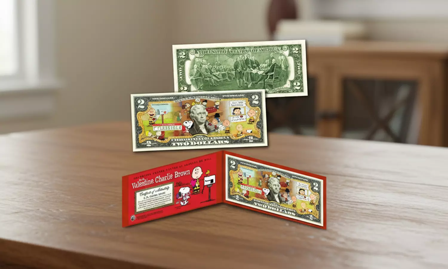 PEANUTS BE MY VALENTINE Charlie Brown Snoopy Genuine Legal Tender 2 Dollar Bill
