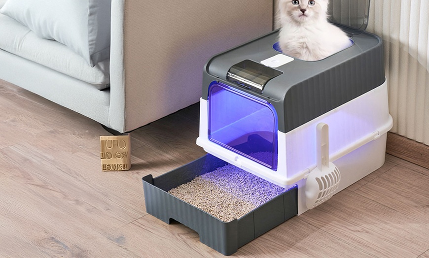 Image 1: Fully Enclosed Cat Litter Box with UV Sterilization