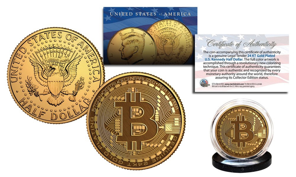 BITCOIN Physical Commemorative Crypto 24K Gold Plated JFK Half Dollar U.S. Coin