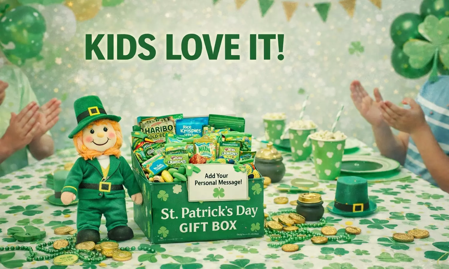 St Patricks Day Gift Box - Green Candy & Snack Box w/ Leprechaun Toy Gift for Kids
