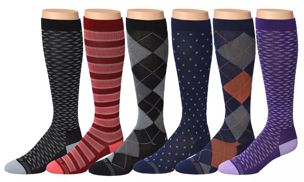 6-Pack Rexx Men's Knee-High Patterned Compression Socks