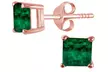 14K Rose Gold Plated 4 Ct Princess Cut Emerald Stud Earrings. - Second Medium