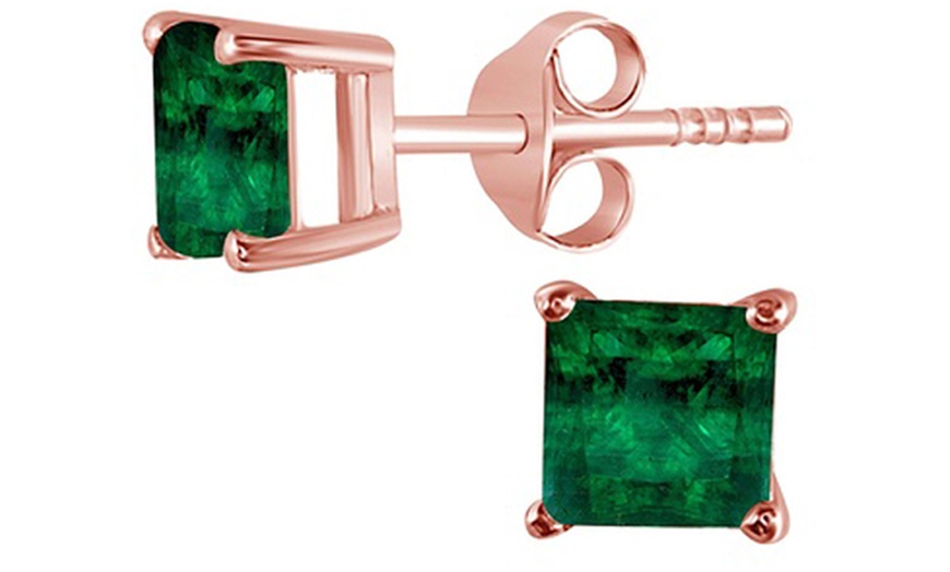 Image 2: 14K Rose Gold Plated 4 Ct Princess Cut Emerald Stud Earrings. 