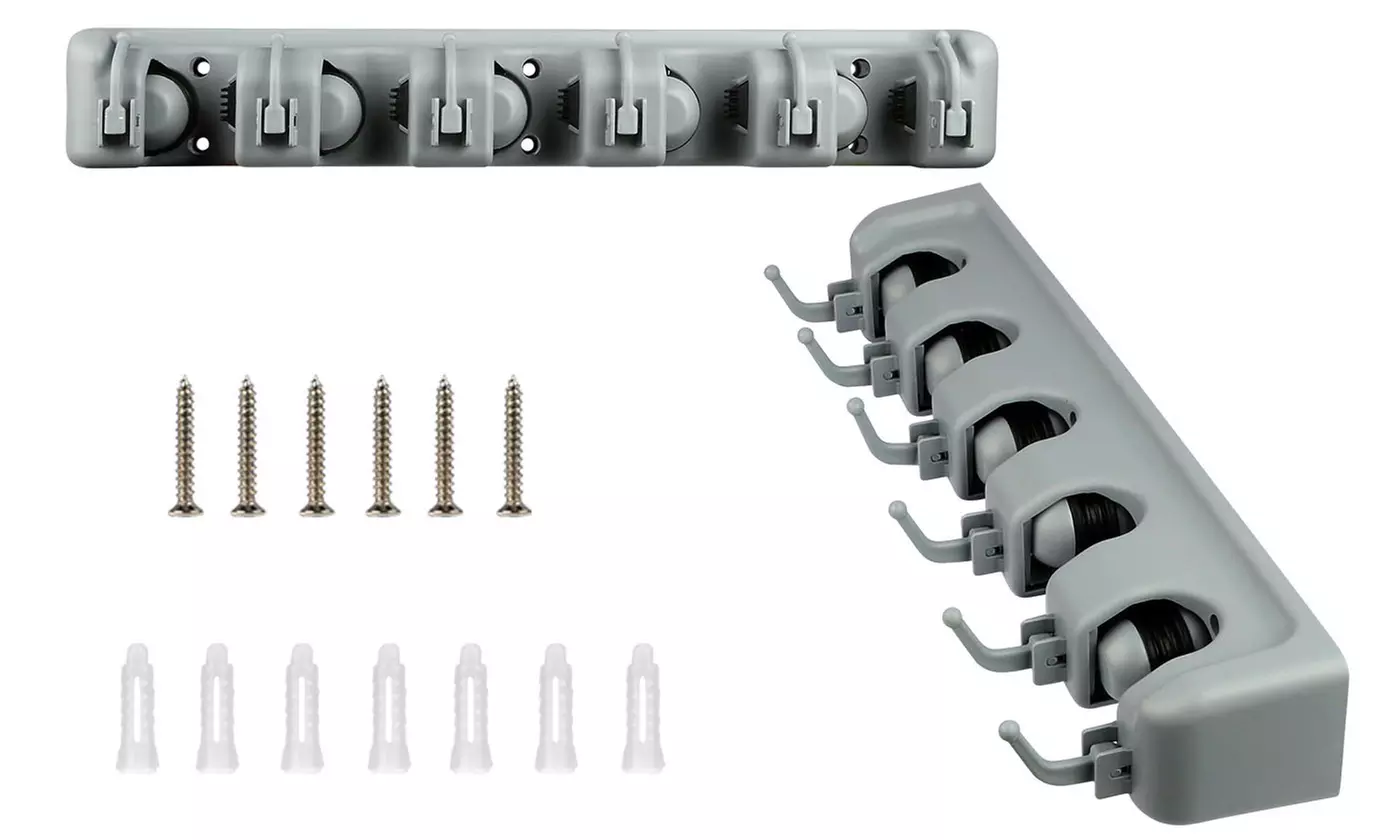 iMounTEK Wall Mount Mop Broom Holder with 5 Slots and 6 Utility Hooks
