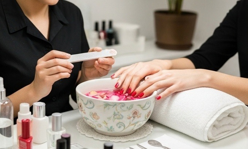 Image 2:  90-Min Manicure, Pedicure, Gel Top Coat + Optional Eyebrow Waxing 