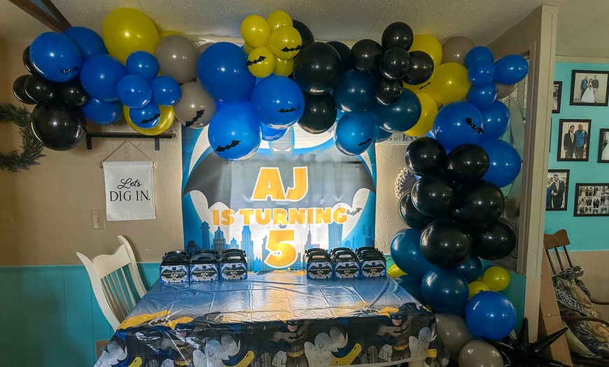 Image 1: Custom Balloon Arch and Backdrop Plus 48 Personalized Party Favors