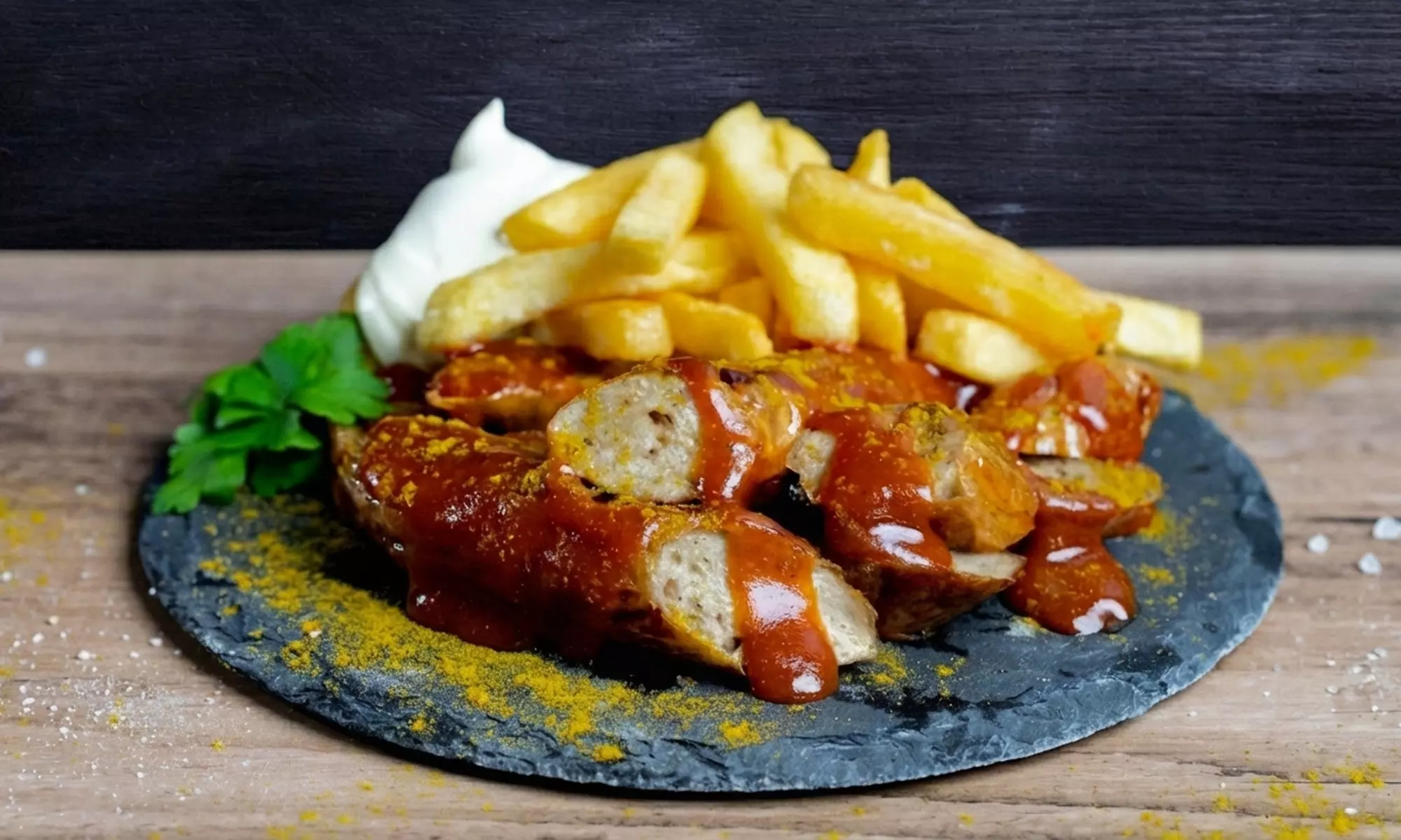 Curry Wurst, Curry-Wurst-Menü / vegane Variante mit Pommes & Getränk