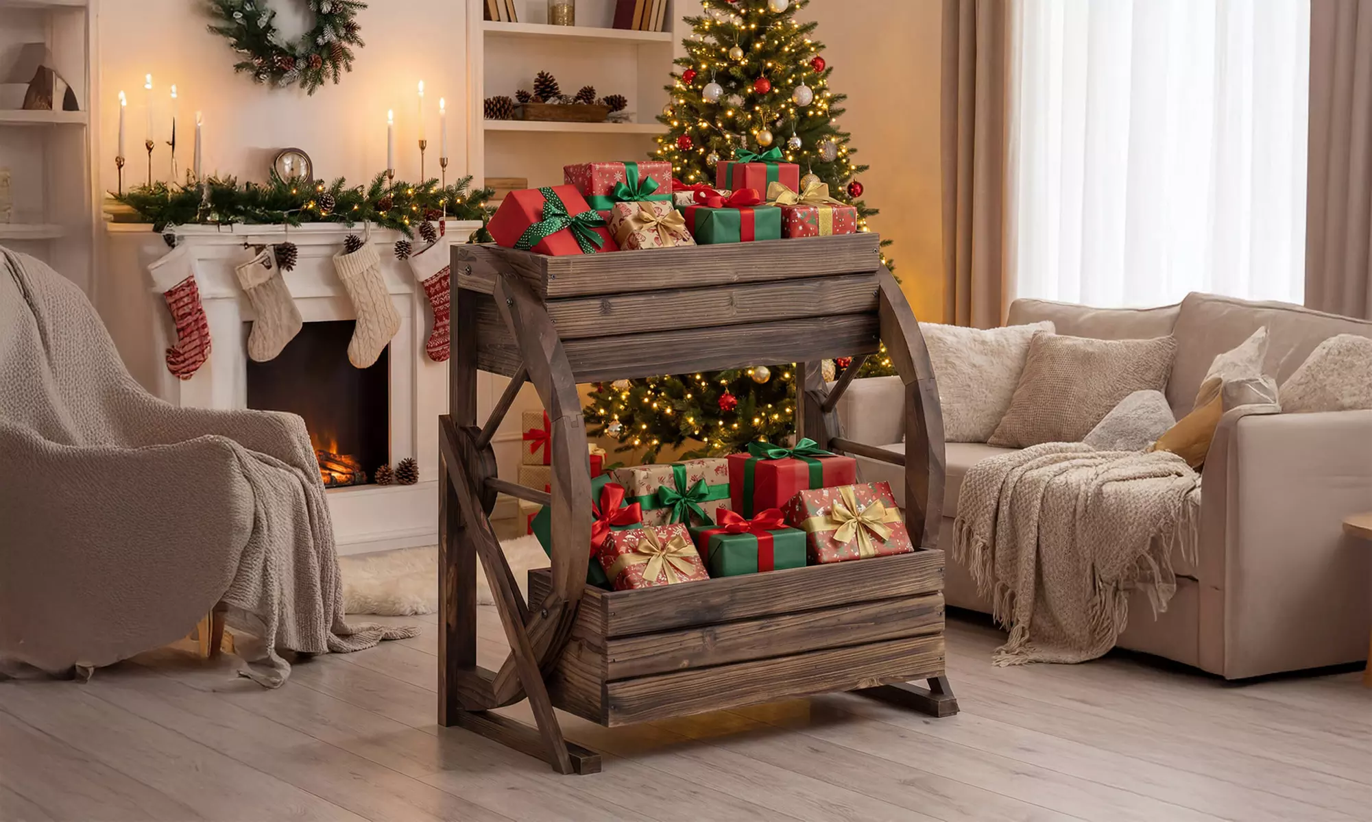 Costway 2-Tier Rustic Wooden Wagon Planter Box with Drainage Holes