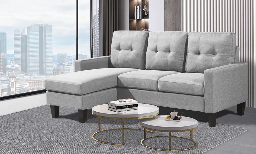 Image 1: Reversible Velvet L-Shaped Sectional Sofa with Ottoman Corner Couch