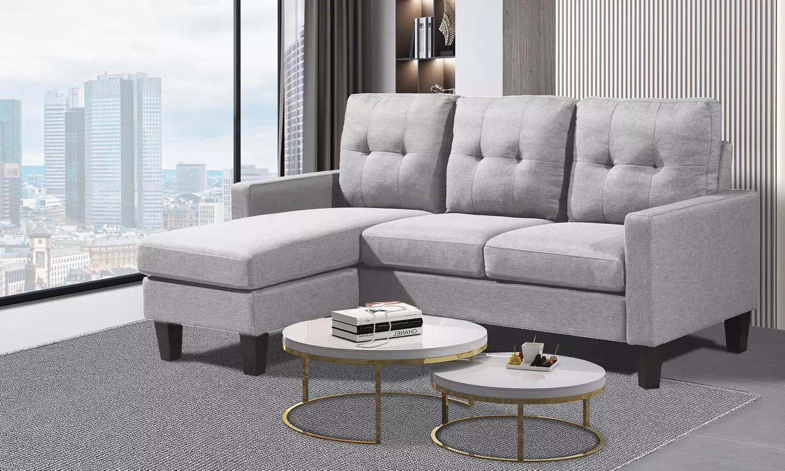 Reversible Velvet L-Shaped Sectional Sofa with Ottoman Corner Couch