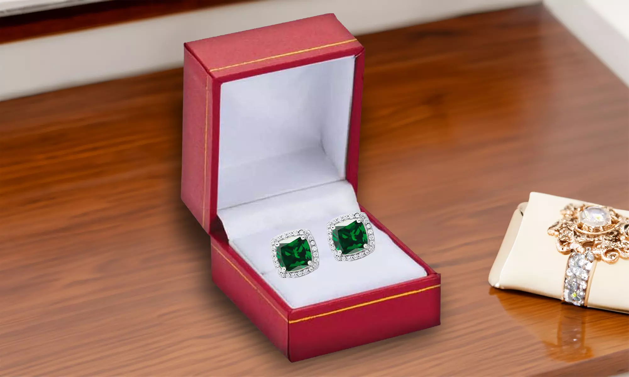 Paris Jewelry 14k White Gold Plated Created Halo Princess Emerald Stud Earrings