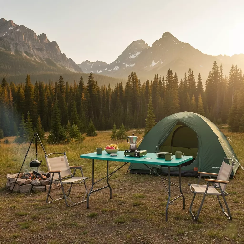 Tavolino pieghevole portatile in resina con struttura in ferro