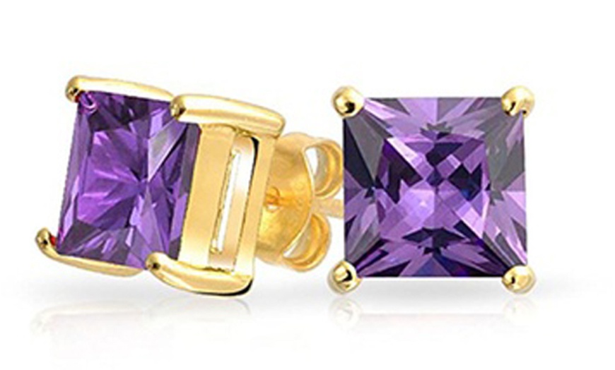 Image 2: Paris Jewelry Yellow Gold Plated Silver 7mm Princess Amethyst CZ Stud Earrings