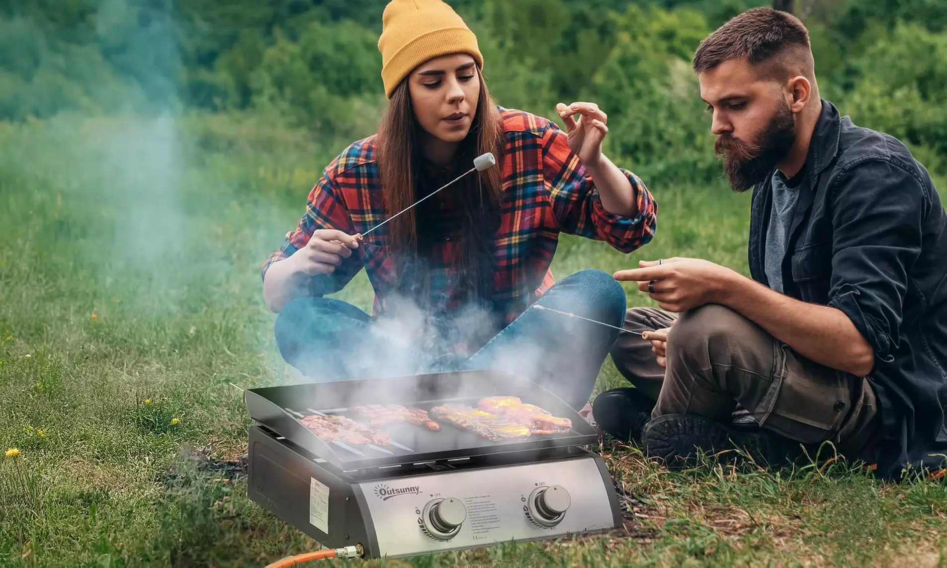 Outsunny Tabletop Gas Plancha Grill with Two Stainless Steel Burner