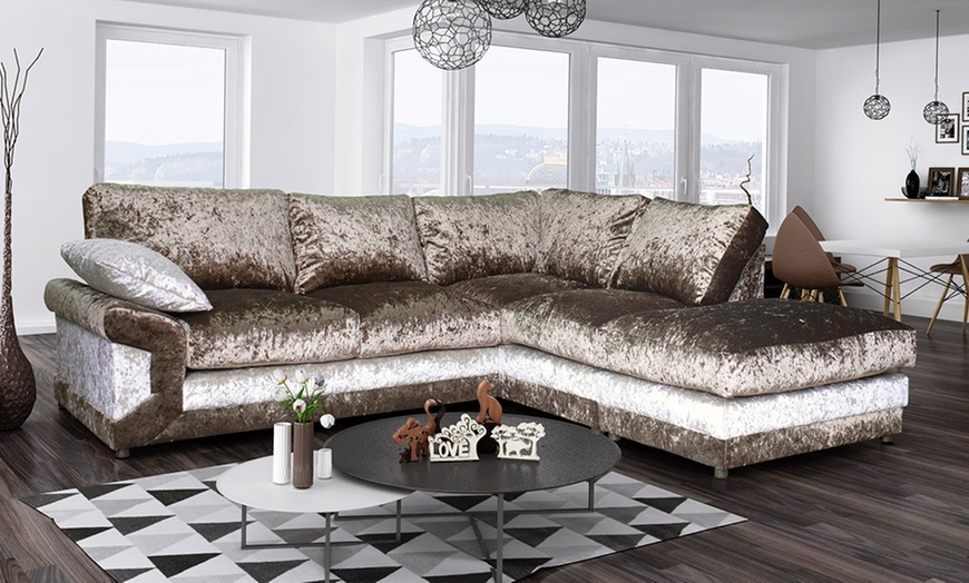 Image 4: Velvet Corner Sofa with Footstool