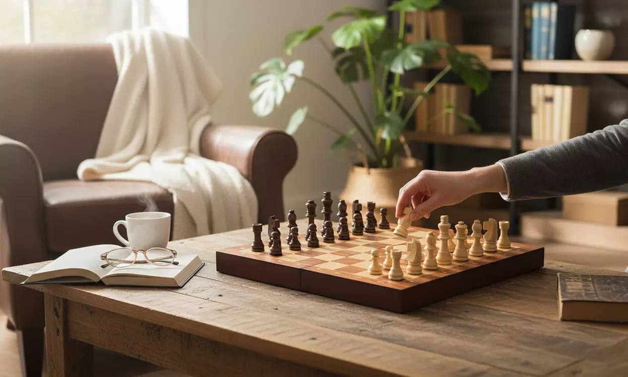 Jeu d’échecs pliable en bois avec 32 jetons, spécial pour les voyages par WDK Partner - Primary Image