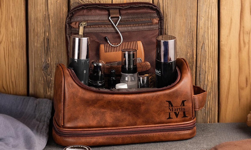 Travel in style with personalized vegan-friendly leather toiletry bag