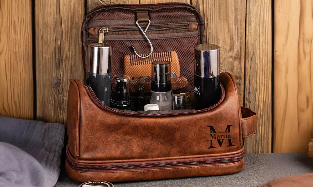 Travel in style with personalized vegan-friendly leather toiletry bag