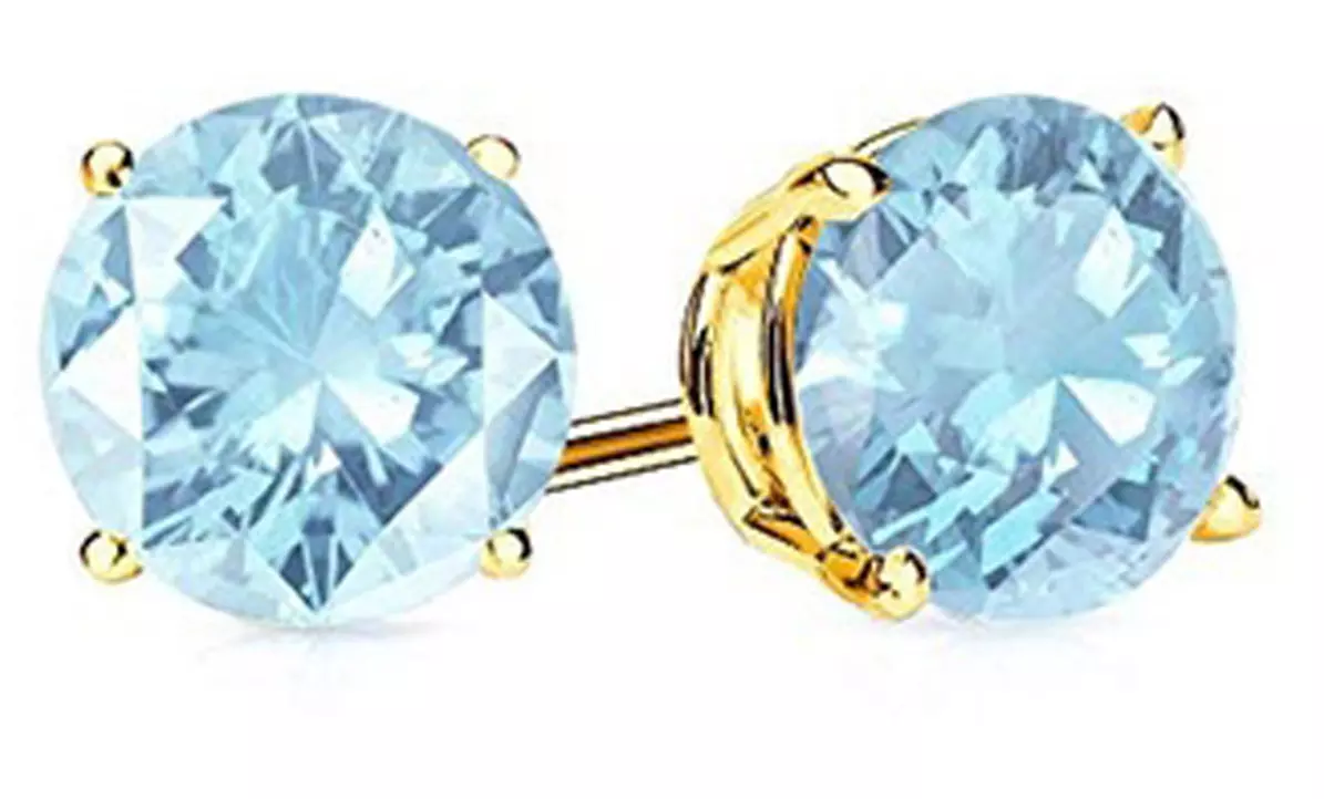 Paris Jewelry 14k Yellow Gold Plated Round Cut 9mm Aquamarine Stud Earrings
