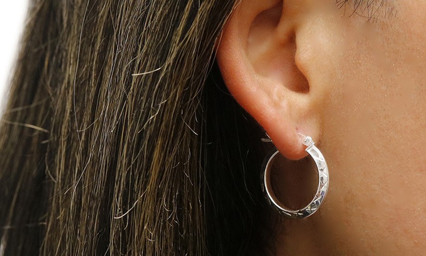 Image 3: Sterling Silver Diamond Cut Etched Hoop Earrings 20mm-35mm Options