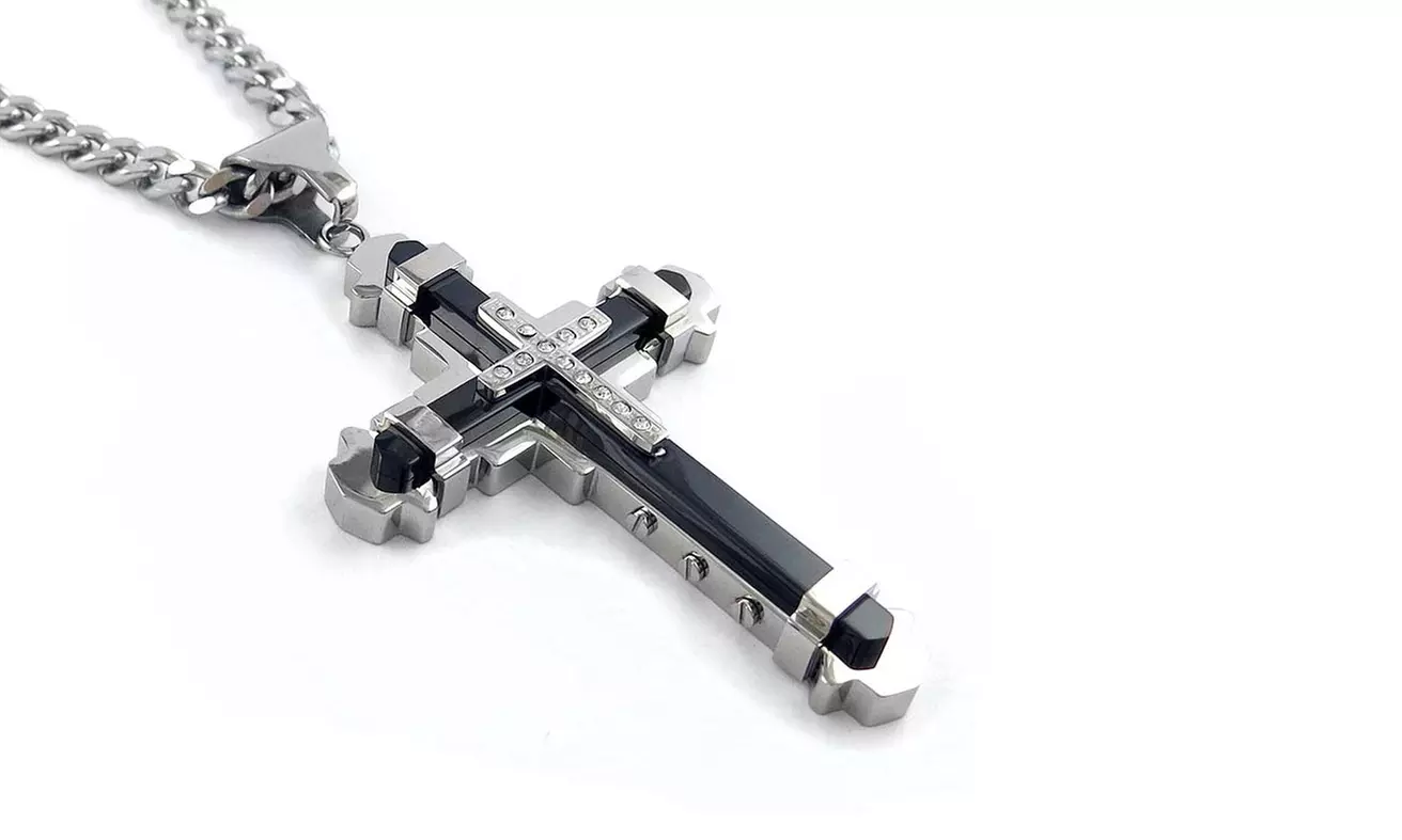 Men's Cross Necklace in Stainless Steel + 24" Inch Curb Chain