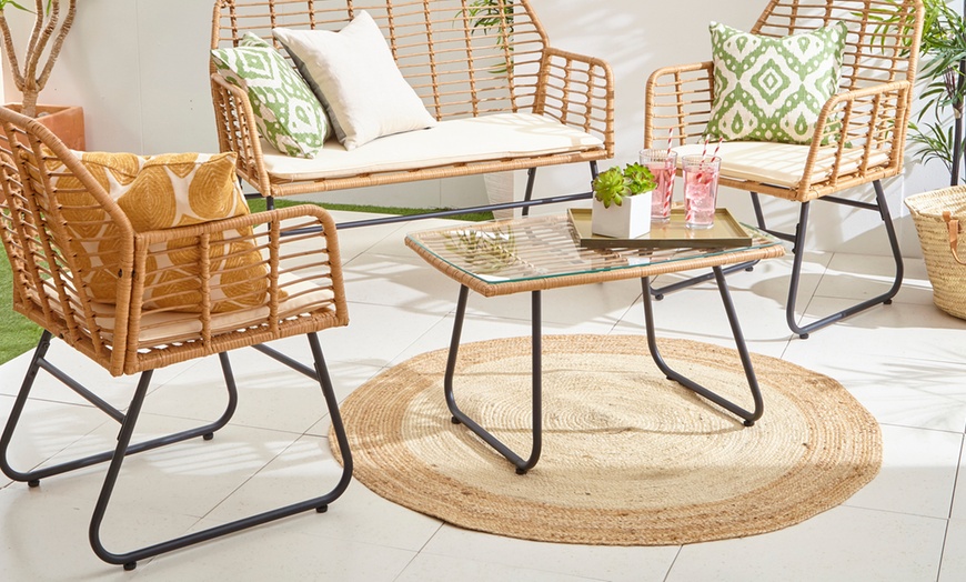 Image 4: Four-Piece Neo Wicker Bamboo Style Garden Sofa Table Chairs Set