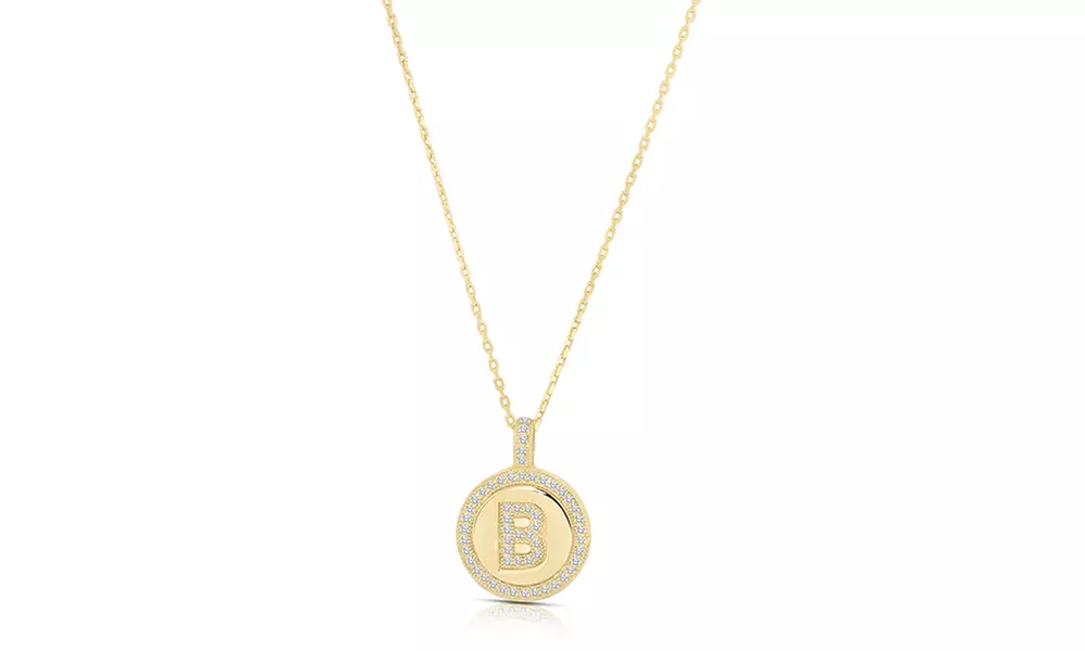Crystal Round Disc Initial Pendant Necklace in 14K Gold Plated