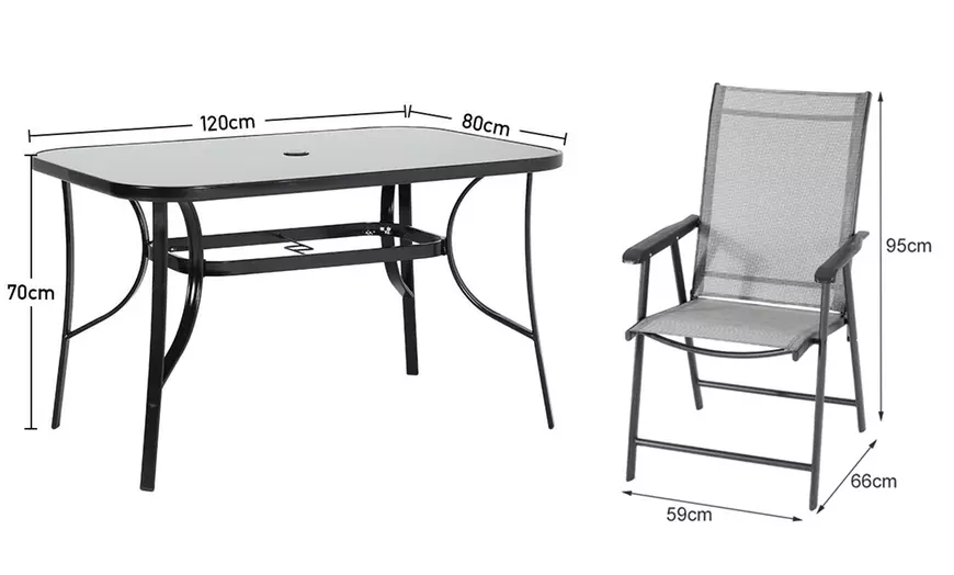 Image 2: Set of 5 Garden Rectangle Glass Umbrella Table and Folding Chairs Set