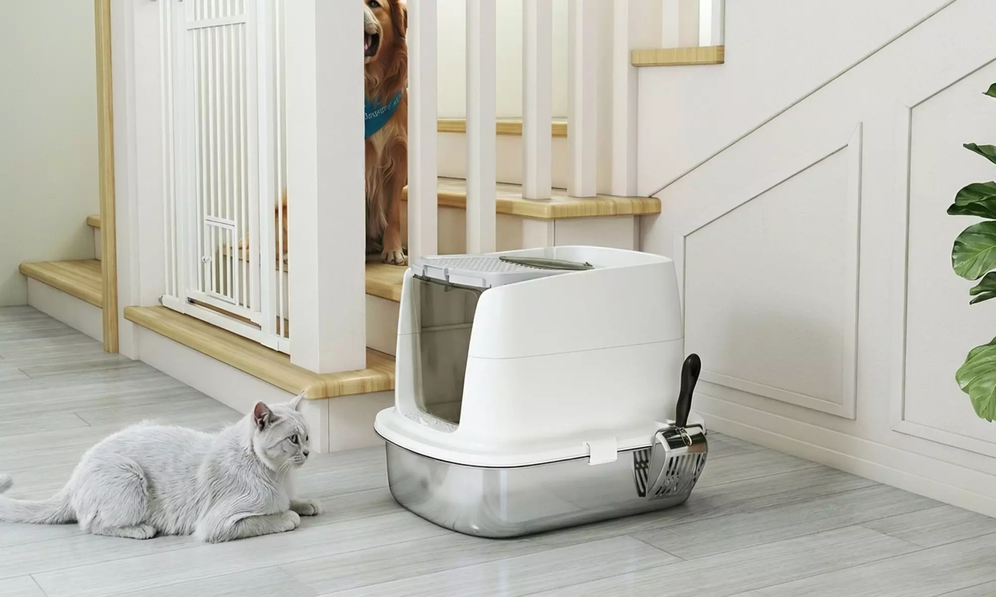 PawHut Stainless Steel Cat Litter Box with Top Exit and Scoop