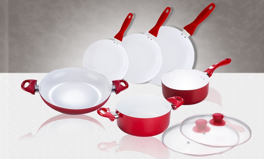 Image 1: 8-Piece Red Ceramic Cookware Set