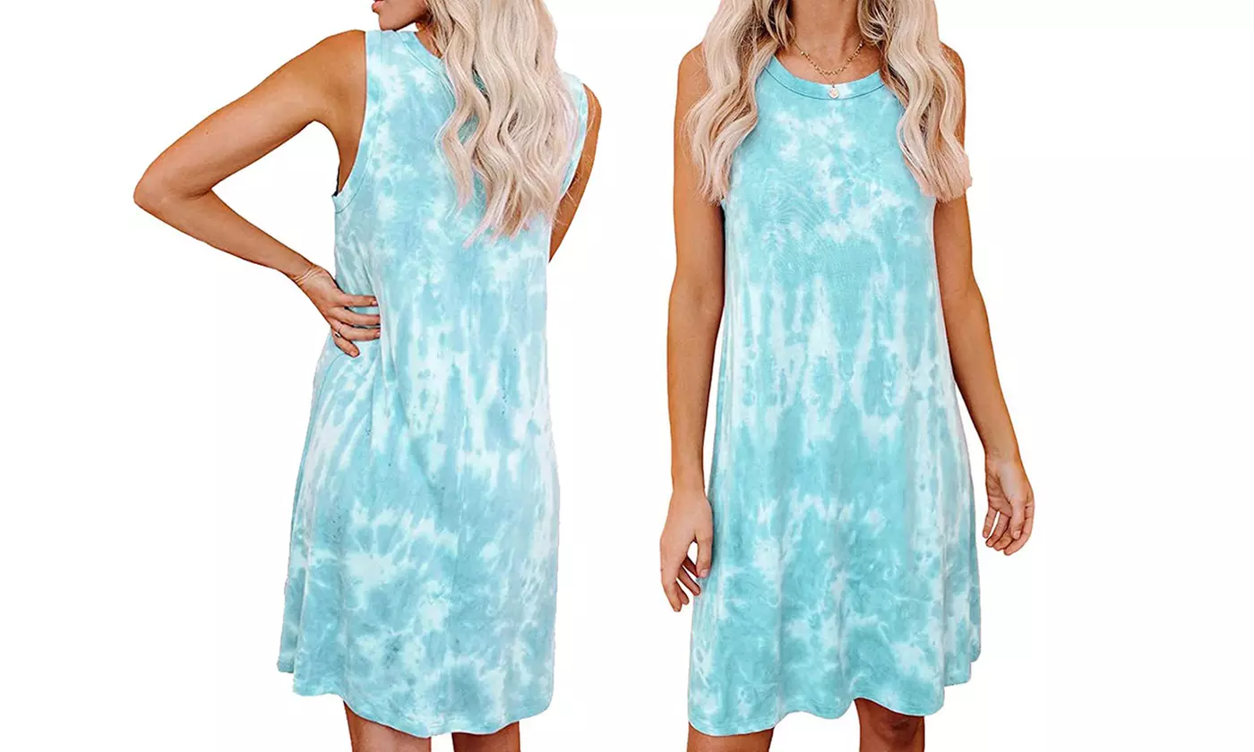 Women's Sleeveless Casual Loose Swing T-Shirt Dress Tie Dye Tunic Summer Dress