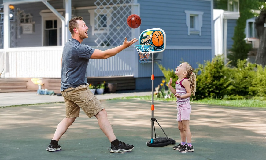 Image 1: HomCom Kids Portable Basketball Hoop and Stand Set