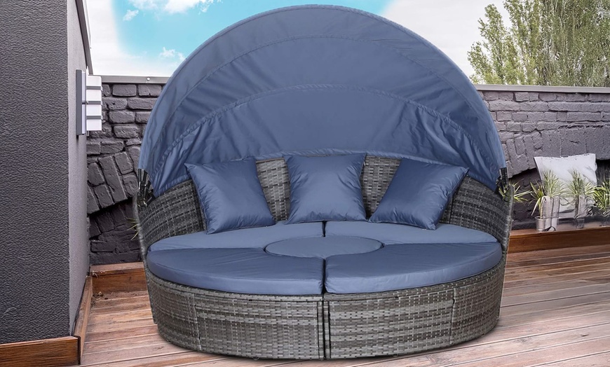 Image 2: Outsunny Round Rattan Sofa Bed with Retractable Canopy