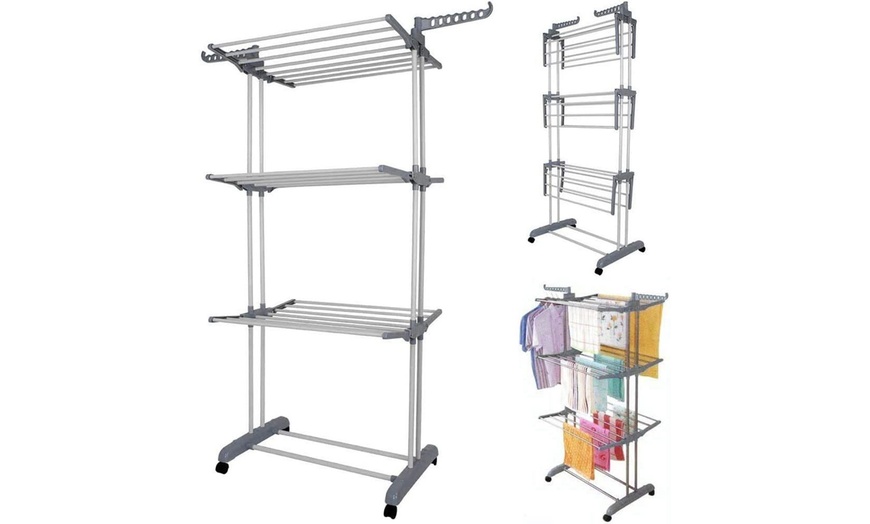 Image 2: 4 Tier Foldable Clothes Airer with Wheels - Maximise Drying Space