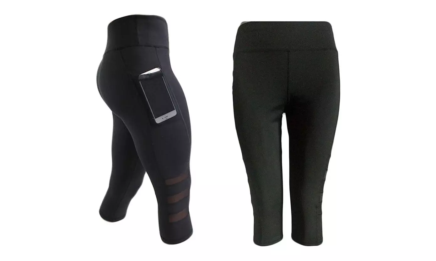 Women Side Pocket Mesh Splice Tummy Control High Waist Capri Leggings Yoga Pants