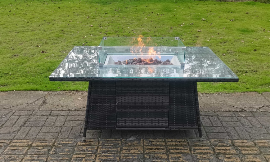 Image 2: Fimous Dark Grey Rattan-Effect Fire Pit Table with Tempered Glass